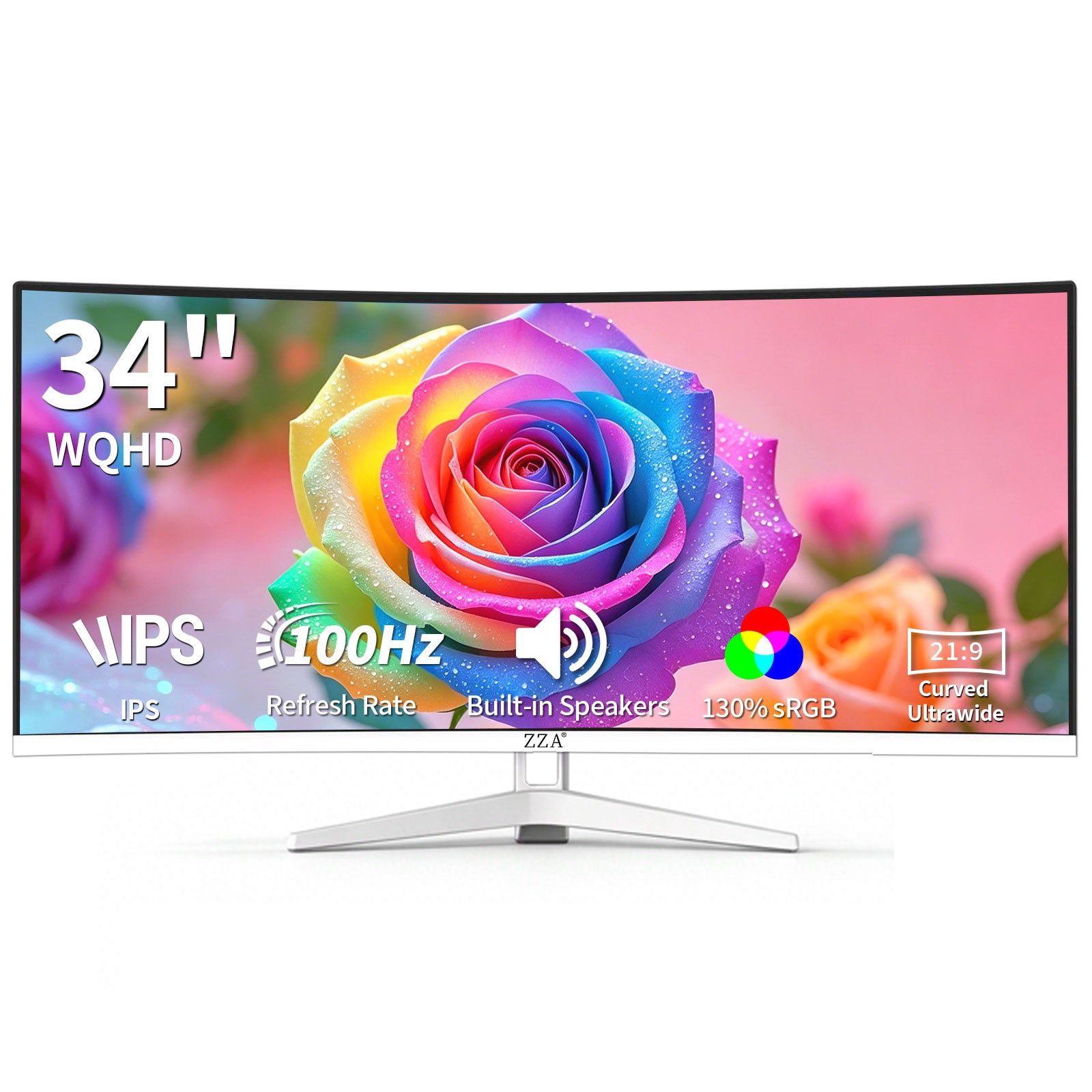 34 Inch Ultrawide Curved Monitor Built in Speakers 4K Gaming Computer Monitor 100Hz, WQHD(3440x1440P) Curved 3800R 21:9 Ultra Wide PC Display, 130% sRGB, HDMI &DP, VESA Mount Compatible-White