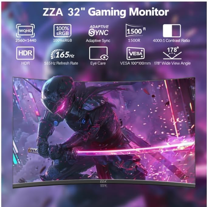 32 Inch Curved Monitor,1440p VA Screen 165Hz, 1500R Curved Gming Monitor,Computer Monitor 1ms,FreeSync & G-Sync, HDR10, 120% sRGB Coverage, DP/HDMI, PC Monitor VESA Mount Compatible