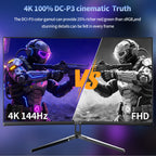 27 Inch 4K Gaming Monitor,UHD(3840x2160) 4K 144Hz Flat Monitor, Adaptive Sync,HDMI 2.1 & DP 1.4,Tilt Adjustment PC Monitor, Wall Mountable, for Work, Streaming, and Home Office, Black