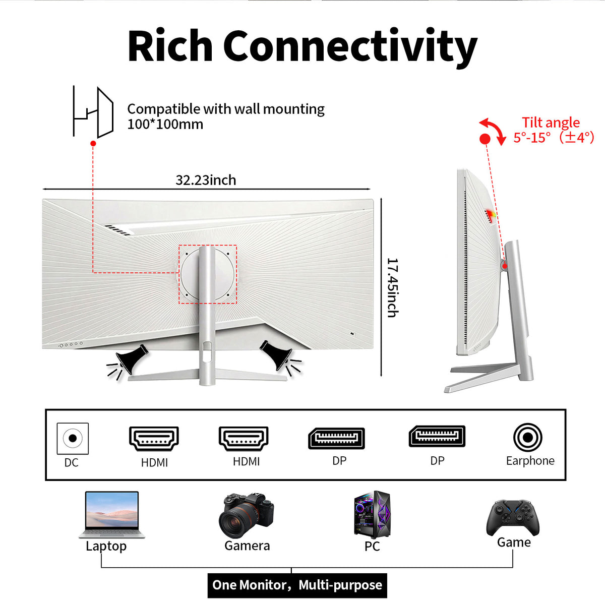 34 Inch Ultrawide Curved Monitor Built in Speakers 4K Gaming Computer Monitor 100Hz, WQHD(3440x1440P) Curved 3800R 21:9 Ultra Wide PC Display, 130% sRGB, HDMI &DP, VESA Mount Compatible-White
