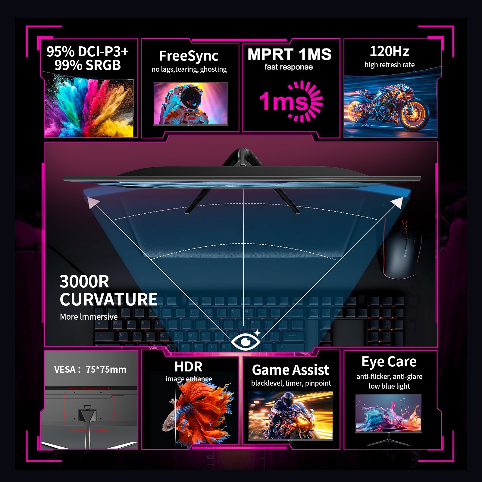 24.5" 120Hz Curved Gaming Monitor | FHD 1080P Frameless Design, FreeSync, Low Motion Blur, Eye Care Technology, DisplayPort & HDMI Connectivity, VESA Wall Mount Compatible - Black