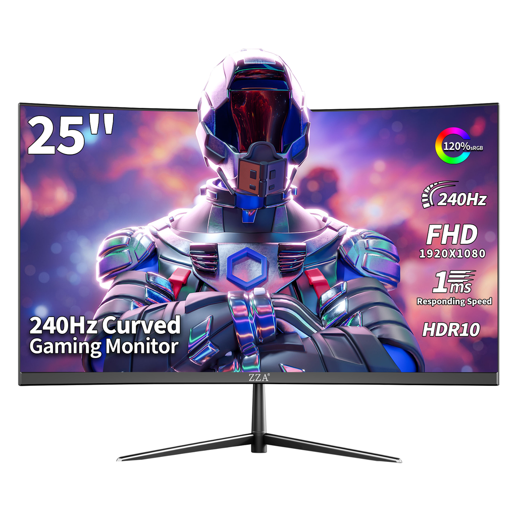 ZZA 24.5 inch Gaming Monitor 240Hz Curved Computer Monitor FHD 1080P, VA Panel with 1ms MPRT, FreeSync, HDMI DP, VESA Mount for Pc Gaming,PS5, and Home Office