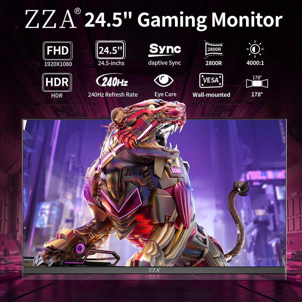 ZZA 24.5 inch Gaming Monitor 240Hz Curved Computer Monitor FHD 1080P, VA Panel with 1ms MPRT, FreeSync, HDMI DP, VESA Mount for Pc Gaming,PS5, and Home Office