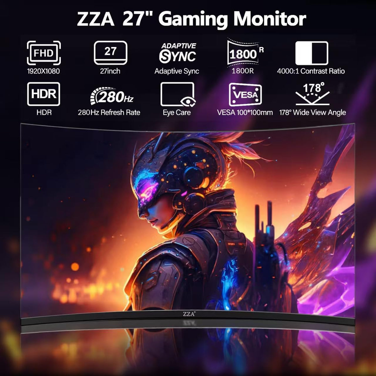 ZZA 27" Curved Gaming Monitor, FHD 1080P VA, 280Hz 1ms, 1800R, AMD FreeSync Premium, HDR, HDMI DP, PC Console Gaming Monitor