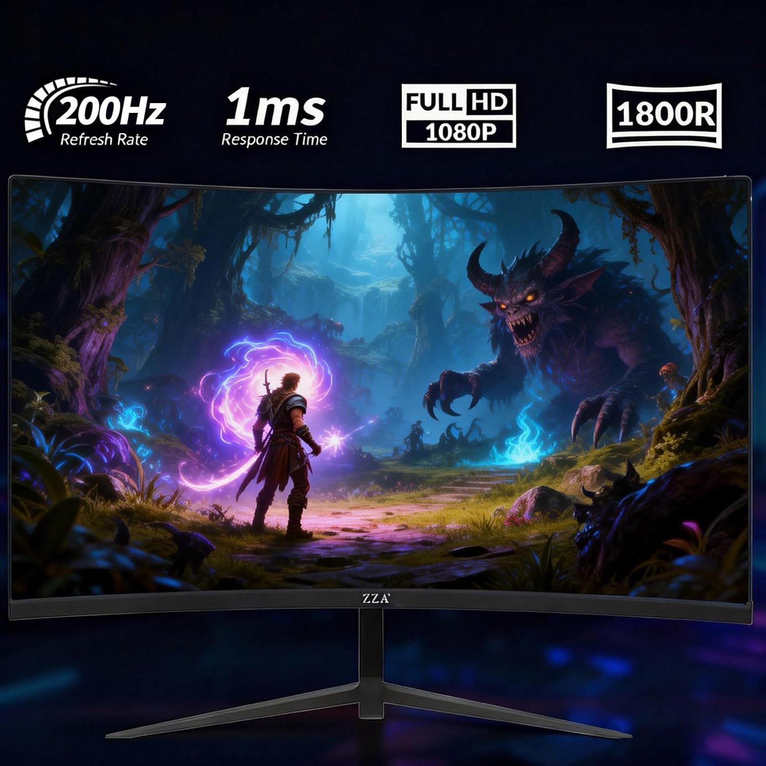 ZZA 27 Inch Curved Gaming Monitor 200Hz, Full HD 1080P VA Panel Computer Monitor, 1ms Response Time, FreeSync, HDMI & DP Port, HDR, Frameless, VESA Mountable