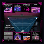 ZZA 24.5 inch Gaming Monitor 240Hz Curved Computer Monitor FHD 1080P, VA Panel with 1ms MPRT, FreeSync, HDMI DP, VESA Mount for Pc Gaming,PS5, and Home Office