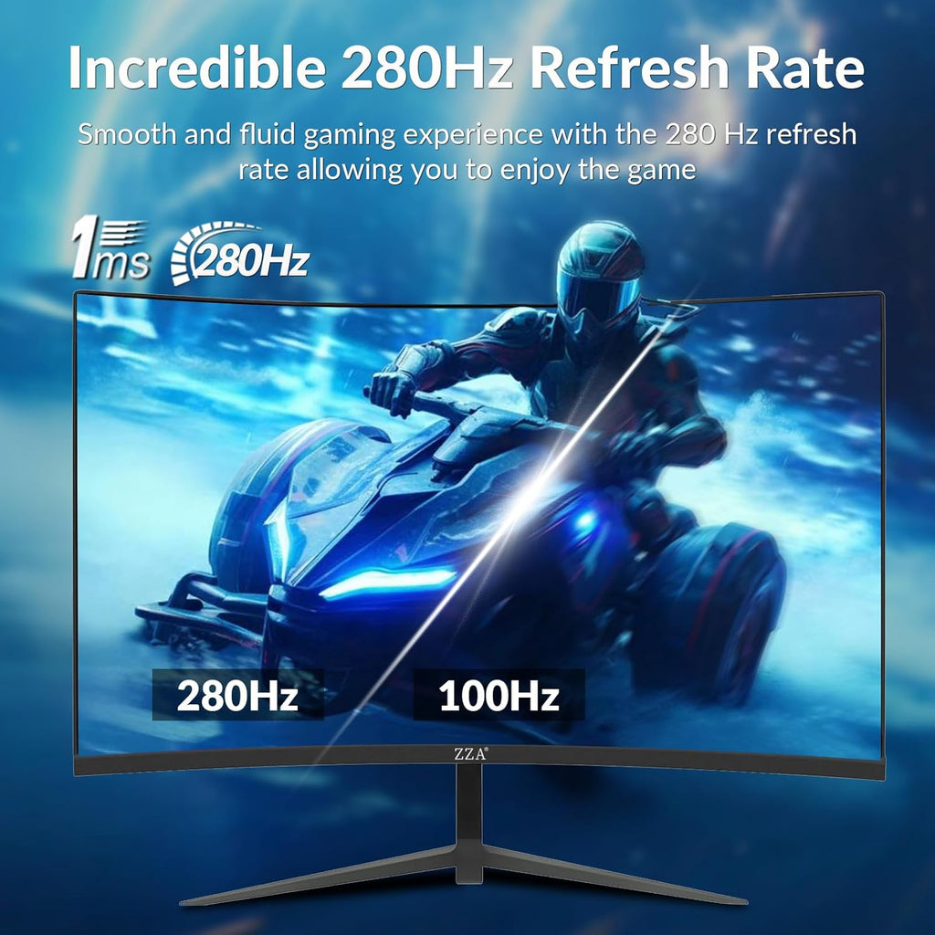 ZZA 27" Curved Gaming Monitor, FHD 1080P VA, 280Hz 1ms, 1800R, AMD FreeSync Premium, HDR, HDMI DP, PC Console Gaming Monitor