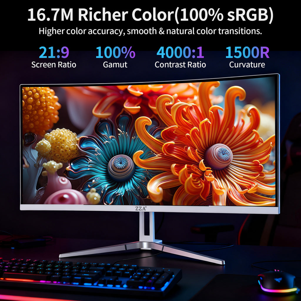 34'' Gaming Monitor-165Hz/180Hz WQHD (3440x1440P) Ultrawide 34 White Curved Monitor,FreeSync for Tear-Free Gaming,120% sRGB, HDMI 2.1 & DP 1.4,PBP Mode,Wall Mountable