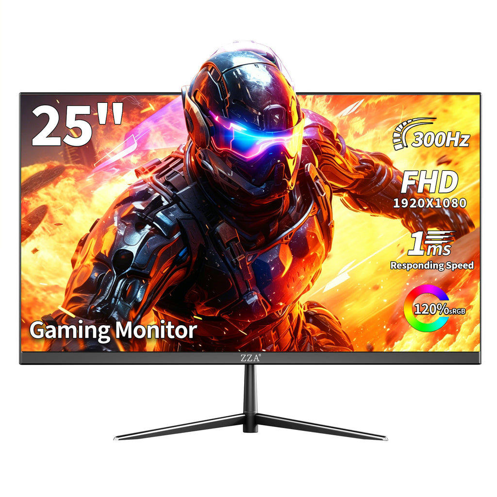 ZZA 24.5 Inch 300Hz 240Hz Gaming Monitor, FHD 1920x1080 VA Panel 1ms Computer Monitor, HDR Mode, Adaptive sync, FreeSync Compatible DP x2, HDMI x2, Ultra Thin Triangle Base, VESA 75mm x 75mm