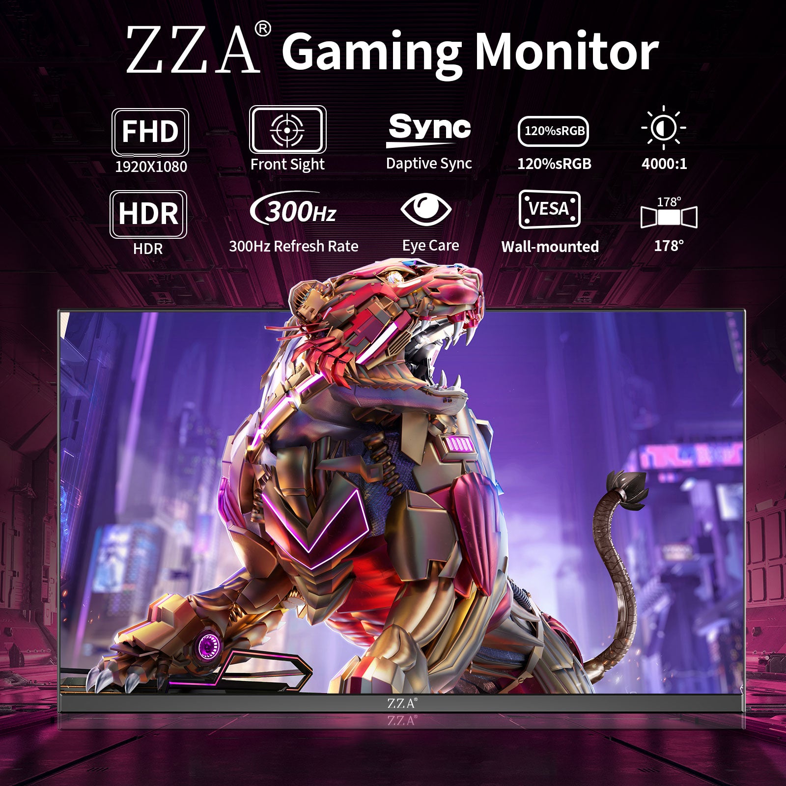 ZZA 24.5 Inch 300Hz 240Hz Gaming Monitor, FHD 1920x1080 VA Panel 1ms Computer Monitor, HDR Mode, Adaptive sync, FreeSync Compatible DP x2, HDMI x2, Ultra Thin Triangle Base, VESA 75mm x 75mm