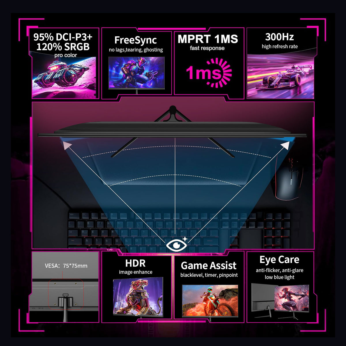 ZZA 24.5 Inch 300Hz 240Hz Gaming Monitor, FHD 1920x1080 VA Panel 1ms Computer Monitor, HDR Mode, Adaptive sync, FreeSync Compatible DP x2, HDMI x2, Ultra Thin Triangle Base, VESA 75mm x 75mm