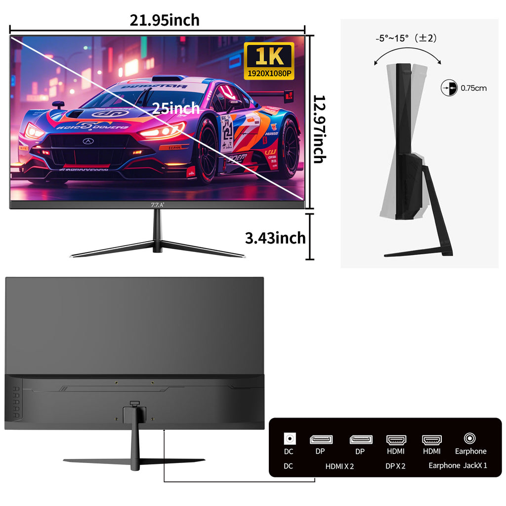 ZZA 24.5 Inch 300Hz 240Hz Gaming Monitor, FHD 1920x1080 VA Panel 1ms Computer Monitor, HDR Mode, Adaptive sync, FreeSync Compatible DP x2, HDMI x2, Ultra Thin Triangle Base, VESA 75mm x 75mm