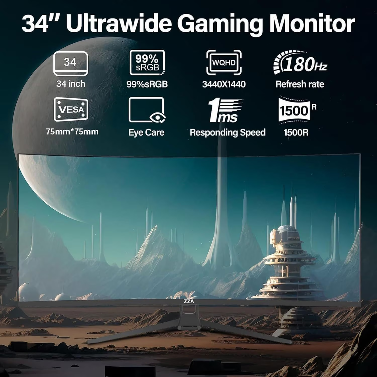 34'' Gaming Monitor-165Hz/180Hz WQHD (3440x1440P) Ultrawide 34 White Curved Monitor,FreeSync for Tear-Free Gaming,120% sRGB, HDMI 2.1 & DP 1.4,PBP Mode,Wall Mountable