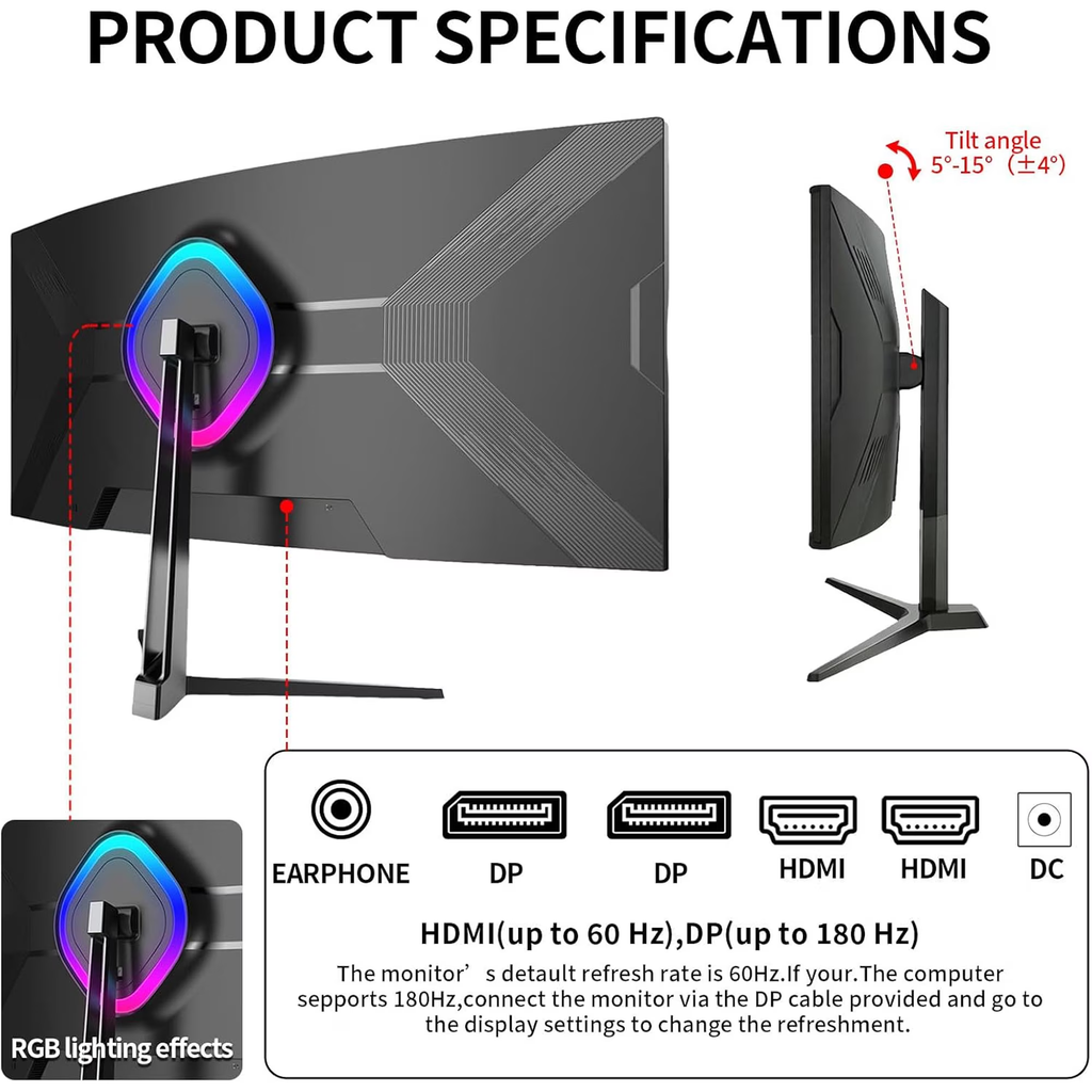 34'' Gaming Monitor-165Hz/180Hz WQHD (3440x1440P) Ultrawide 34 White Curved Monitor,FreeSync for Tear-Free Gaming,120% sRGB, HDMI 2.1 & DP 1.4,PBP Mode,Wall Mountable
